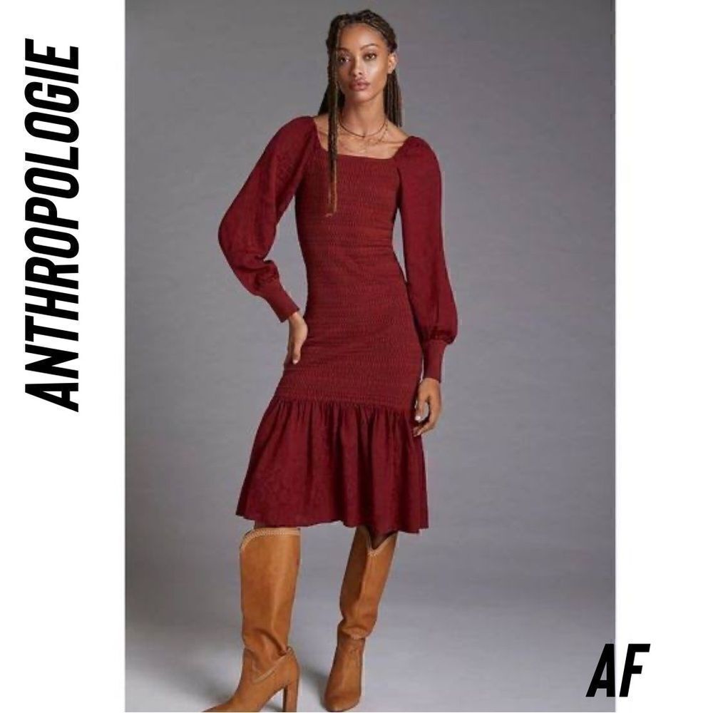 ANTHROPOLOGIE SMOCKED PUFF KNIT MIDI DRESS IN WINE NEW LARGE